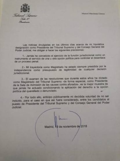 Carta amb la qual el magistrat anuncia que no accepta ser candidat a presidir el Tribunal Suprem i el Consell General del Poder Judicial.