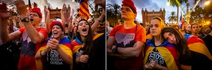 Serie de dos imágenes que recoge el momento de la declaración unilateral e ilegal de independencia de Cataluña, proclamada por el entonces presidente de la Generalitat, Carles Puigdemont, que duró los 56 segundos que separan una foto de otra. El mismo grupo de manifestantes reaccionan ante el anuncio y la posterior rectificación, el 10 de octubre de 2017.