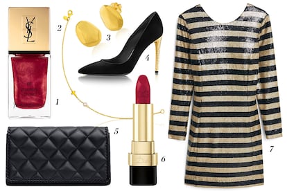 1. Yves Saint Laurent Beauty Laca de uñas Carmin D'or 2. Tous Pulsera con detalle de cruz 3. Tous Pendientes de oro 4. Louis Vuitton Salones 'Twinkless' 5. Zara Bolso guateado 6. Dolce & Gabbana Labial 7. Mango Vestido de rayas combinadas.