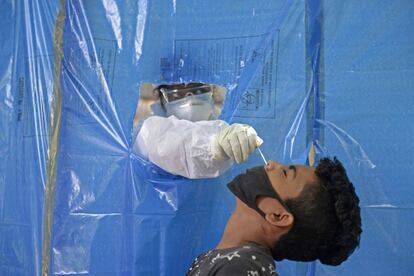 Un sanitario toma una muestra a un joven para la prueba de la covid-19, en Hyderabad (India).