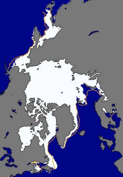 Extensi&oacute;n de la banquisa &aacute;rtica en marzo de este a&ntilde;o. La l&iacute;nea marca la media desde 1981.