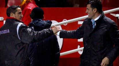 Manolo Jiménez y Mícjel, la semana pasada, en el estadio Sánchez Pizjuán antes del Sevilla-Getafe de la ida.