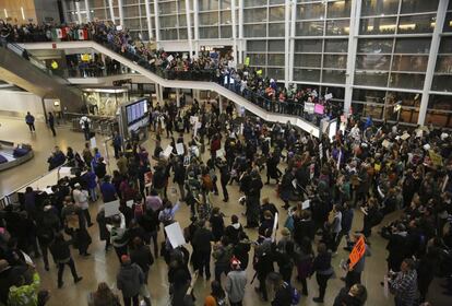 Protesto no aeroporto de Seattle.