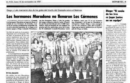 Recorte de la página de EL PAÍS con la noticia de los tres hermanos Maradona en Los Cármenes.