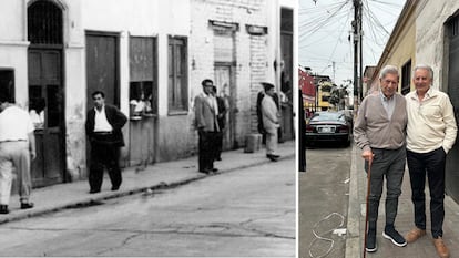 El distrito de La Victoria de Lima, en una imagen de archivo, y Mario Vargas Llosa con su hijo Álvaro en el mismo barrio, el 4 de enero.