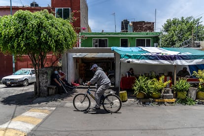 José de Jesús Padilla y José Luis Sánchez, sentados en una banca junto a un puesto de tacos en el barrio Granjas Estrella.