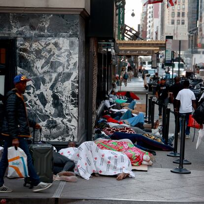 UNITED STATES -July 31: Hundreds of migrants are seen sleeping outside the Roosevelt Hotel in Midtown Manhattan early Monday July 31, 2023. Asylum seekers are camping outside the Roosevelt Hotel as the Manhattan relief center is at capacity.    (Photo by Luiz C. Ribeiro for NY Daily News via Getty Images)