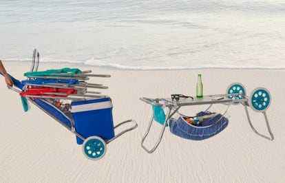 Gracias a su estructura abatible y a las ruedas, este carro resulta muy conveniente para trasladar distintos enseres por la playa o el campo.