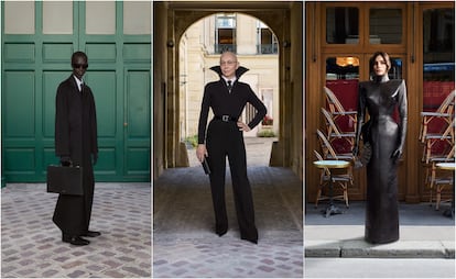 Tres ejemplos de diseños negros de Balenciaga para la semana de la moda de París.