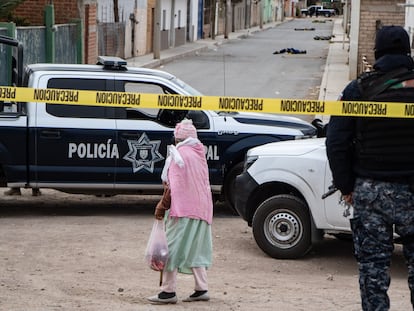 Una mujer camina por la calle principal de la comunidad Pardillo III, en Zacatecas, donde el pasado 5 de febrero, las autoridades municipales hallaron 10 cuerpos con signos de tortura.