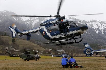 Rescue personnel in Seyne. French authorities have located one of the black boxes of the Germanwings A320 that crashed in the Alps on Tuesday.