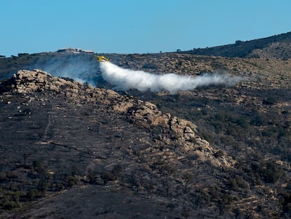 Un hidroavión lanza agua encima de un pequeño foco del incendio en Roses, Girona.