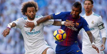 Marcelo y Paulinho disputan el bal&oacute;n en el cl&aacute;sico.