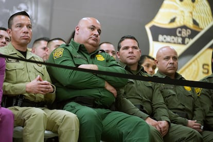 Border Patrol agents listen to Biden's speech Feb. 29 at the Brownsville station.