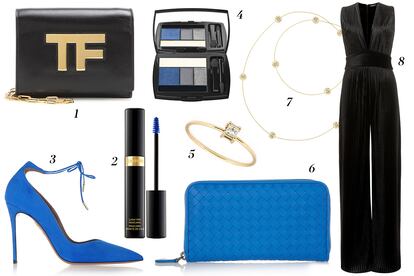 1. Tom Ford Bolso tipo bandolera 2. Tom Ford Máscara de pestañas azul 3. Aquazzura Salones con lazada 4. Lancôme Paleta de sombras 5. Sansoeur Anillo con diamante 6. Bottega Veneta Cartera 7. Dior Cadena doble 8. Balmain Mono plisado.