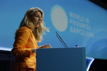 La vicepresidenta segunda y ministra de Trabajo, Yolanda Díaz, durante su intervención en el foro World in Progress, este lunes.