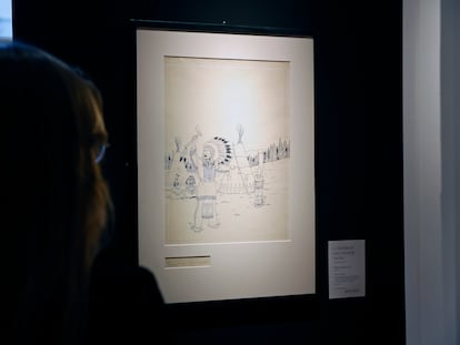 El dibujo original de la edición de 1942 de 'Tintín en América', expuesto en la casa de subastas Artcurial, en París.