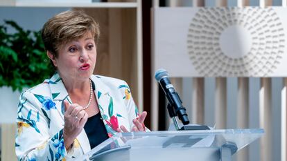 La directora gerente del FMI, Kristalina Georgieva, durante la asamblea anual de este año de la institución, en Washington.