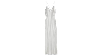 Vestido lencero de seda gris para mujer de H&M, look groutfit arreglado