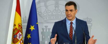 El presidente del Gobierno, Pedro Sánchez, en una comparecencia en el Palacio de la Moncloa.