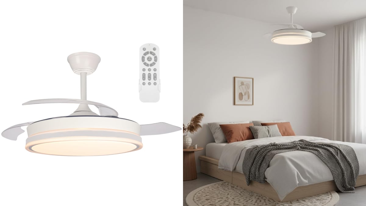 Ventilador de techo con aspas plegables, luz led y memoria de encendido.