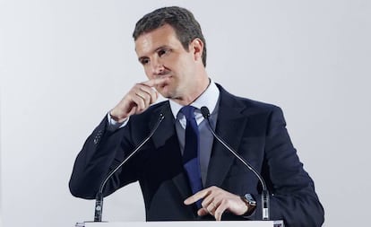 Pablo Casado, este miércoles en un desayuno informativo en Madrid.