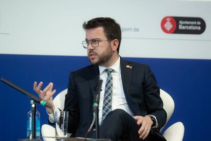 El presidente de la Generalitat, Pere Aragonès, en un momento de la jornada inaugural de la Reunió Cercle d’Economia. / David Zorrakino (Europa Press)