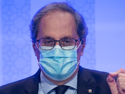 El presidente de la Generalitat, Quim Torra, durante la rueda de prensa de este lunes.