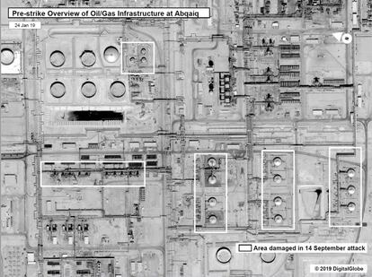 Imagen de satélite de la planta de Aramco en Abqaiq, en Arabia Saudí