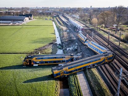 This aerial view shows a derailed night train in Voorschoten on April 4, 2023.