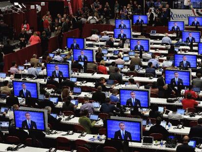 La sala de prensa, durante el debate presidencial entre Barack Obama y Mitt Romney