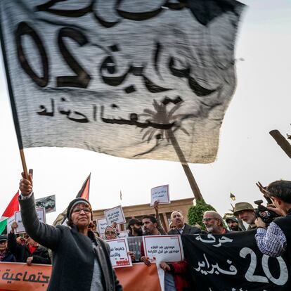 People shout slogans marking the anniversary of Morocco's pro-reform movement, during a protest against the high cost of living on February 20, 2023 in Rabat. (Photo by FADEL SENNA / AFP) (Photo by FADEL SENNA/AFP via Getty Images)