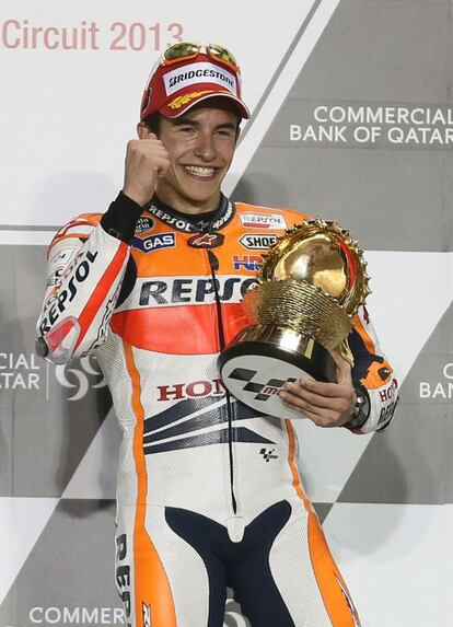 Márquez consigue subirse al podio en su primera carrera de Moto GP. Fue el 7 de abril de 2013 en Catar.