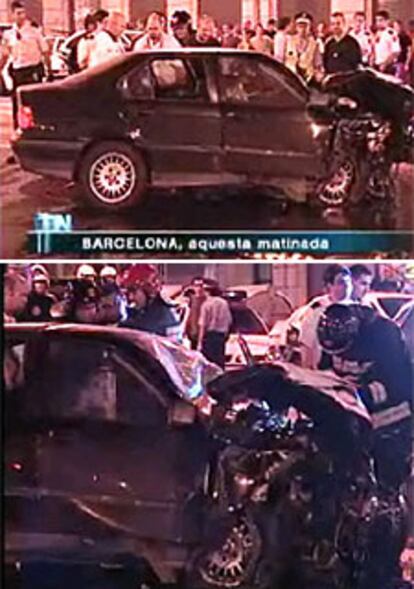 Imágenes del coche de los dos fugados tras la colisión en la confluencia de la calle de Balmes y la Ronda de la Universitat.