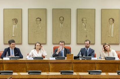 El presidente del PP, Alberto Núñez Feijóo, durante la reunión plenaria con la dirección de los Grupos Parlamentarios del Congreso y del Senado, este martes.