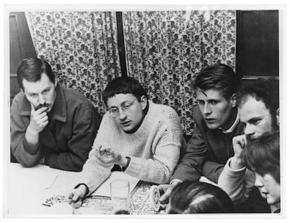 French philosopher Guy Debord attends the 3rd Conference of the Situationist International in Munich with artists L. Fischer and H. Houdejans; April 1959.