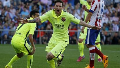 El jugador del F.C. Barcelona, Lionel Messi, celebra un gol marcado al Atl&eacute;tico de Madrid el 17 de mayo.