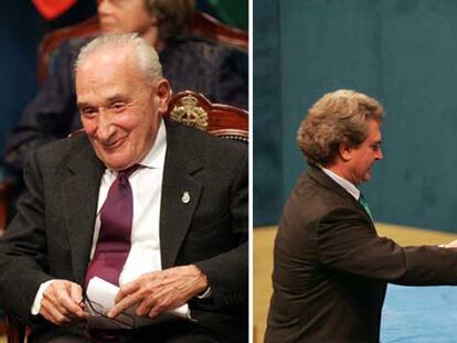En la foto de la izquierda, Simone Veil y Giovanni Sartori. A la derecha, César Antonio Molina recibe el premio de manos del Príncipe.