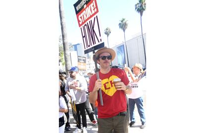Gareth Dunnet-Alcocer at a SAG-AFTRA union protest in Burbank, California, on August 18, 2023.