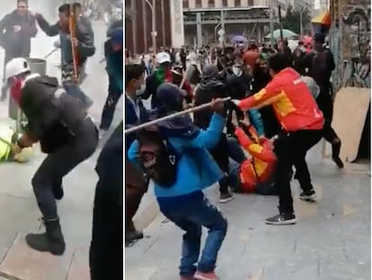 Demonstrators attacking police officers in downtown Bogotá on Wednesday.