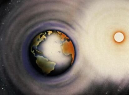 La ilustración indica la interacción entre la actividad solar y el clima terrestre.
