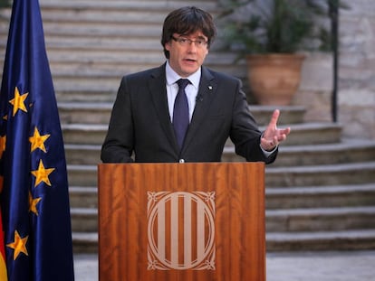 Fotografia facilitada por la Generalitat de Catalu&ntilde;a del expresidente Carles Puigdemont, en su comparencia de este s&aacute;bado. 