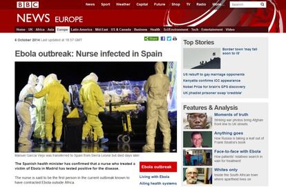 La 'BBC' publica como segunda noticia en su portada digital el caso de la sanitaria española. Bajo el titular Ebola outbreak: Nurse infected in Spain (Enfermera infectada con ébola en España). El medio británico indica que el contagio fue confirmado por el Ministerio de Sanidad.