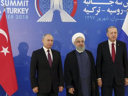 Los presidentes de Rusia, Putin; Irán, Rohaní, y Turquía, Erdogan, el viernes en Teherán.