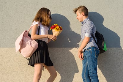 Un chico le da un ramo de flores a una chica.