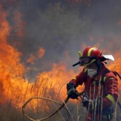 Un bombero realizando labores de extinción en los alrededores de Alcublas y Liria (Valencia)