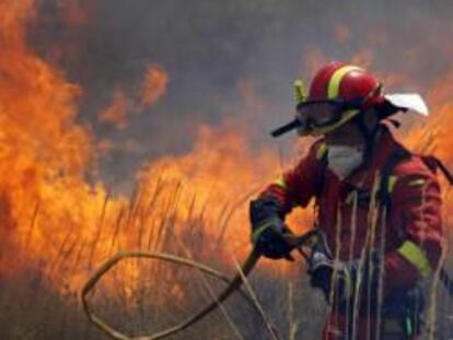 Un bombero realizando labores de extinción en los alrededores de Alcublas y Liria (Valencia)