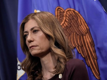 Administrator of the Drug Enforcement Administration Anne Milgram looks on during a news conference at the U.S. Department of Justice headquarters April 14, 2023 in Washington, DC.