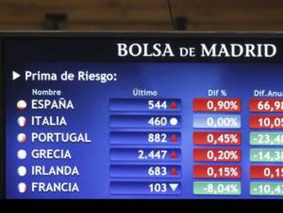 Panel informativo en la Bolsa de Madrid que muestra la evolución de la prima de riesgo.