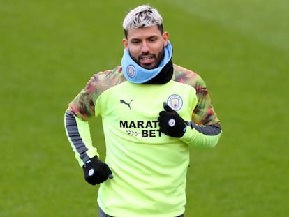 Agüero, en el entrenamiento previo al duelo de Champions ante el Madrid.